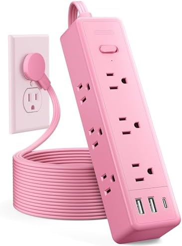 Stylish Pink Surge Protector Power Strip by NTONPOWER – 15 FT Flat Extension Cord with 9 AC Outlets & 3 USB Ports (1 USB-C), 1080 J Surge Protection for Home, Dorm, and Desk Use – Perfect for Women Seeking Efficiency and Aesthetic