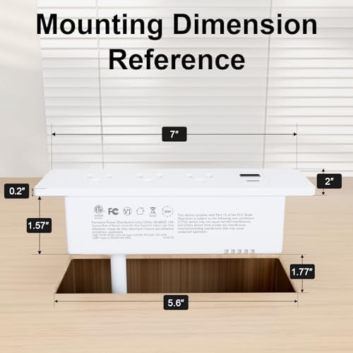 Recessed Drawer Power Strip Kit: Clutter-Free Charging Solution with PD 20 W Fast Charge, Dual USB Ports (Type A & C), and Dual 12 Amp AC Outlets – 7.2 FT Cord for Flexible Setup and Enhanced Workspace Efficiency