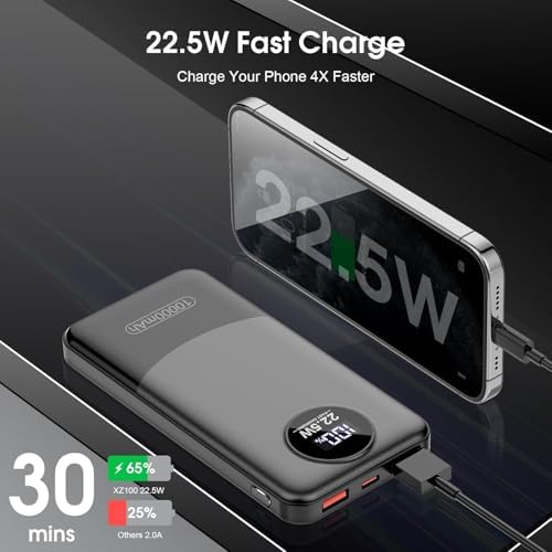 Advanced 10,000 m Ah Portable Charger with 22.5 W Fast Charging – USB-C Power Bank for i Phone 16/15/14/13/12 & Samsung S22/S21 – PD 3.0 & QC 4.0 Compatible with LED Battery Display – Lightweight Multi-Device Power Bank for Travel & Daily Use