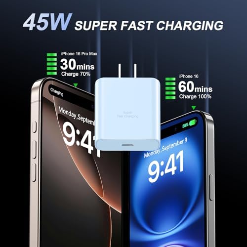 Accelerate Your Power Needs with Our 45 W Ultra-Fast USB-C Charger for Phone 16 Series – Includes a 10 ft Type C Cable in Eye-Catching Purple – Perfectly Crafted for Swift Power Delivery to Phone 16 Pro, Max, Plus & Earlier Models – Unleash Maximum Charging Efficiency and Aesthetic Appeal for Tech Enthusiasts on the Move