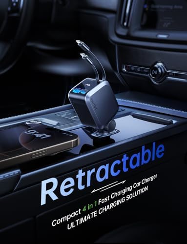 Revolutionary 72 W Retractable USB-C Car Charger – Dual Port Fast Charging Solution for i Phone 16/15/14/13/12 & Samsung Devices, 4 FT Tangle-Free Cables, Sleek Warm Grey Design for Ultimate Convenience and Organization
