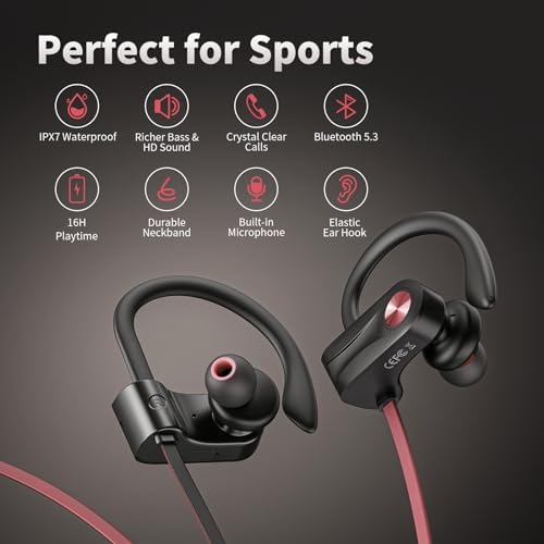 Premium IPX7 Waterproof Bluetooth 5.3 Earbuds – Wireless Sports Headphones with 16-Hour Playtime, Stereo Bass, and Secure Earhooks for Enhanced Performance in Running and Workouts – Ultimate Audio Freedom and Durability for Active Lifestyles