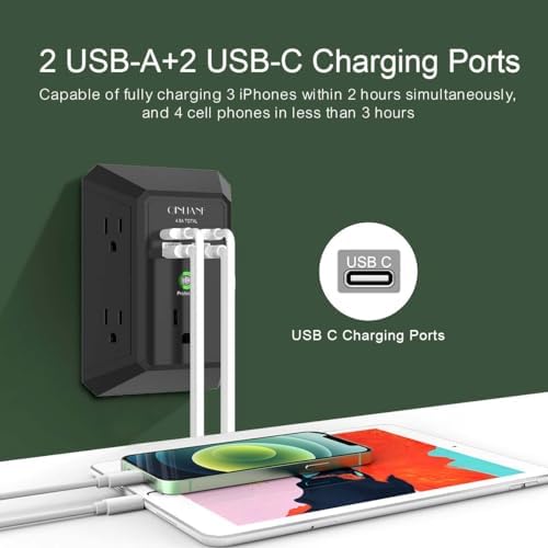QINLIANF 5-Outlet USB Wall Charger with Surge Protection – 4 USB Ports (4.8 A Total) Power Strip Extender, 3-Sided Design for Easy Access, 1680 J Surge Defense, Compact Multi-Plug Adapter for Home, Travel, and Office Use – Elevate Your Charging Experience with Versatile Compatibility and Safety