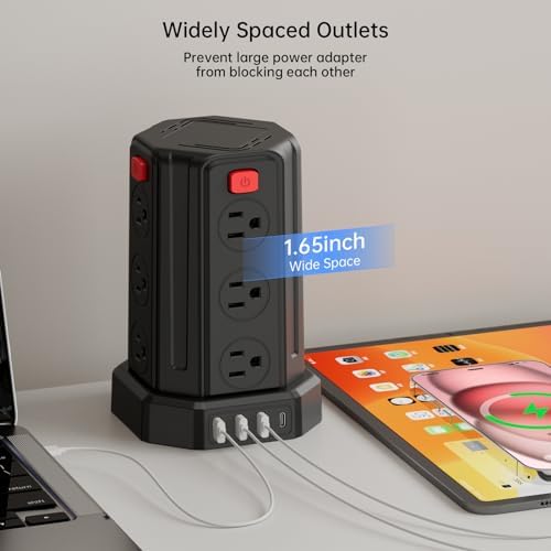 SMALLRT Power Tower Surge Protector – 10 Ft Extension Cord with 12 AC Outlets & 4 USB Ports (1 USB-C) – Ultimate Charging Station for Home & Office – Enhanced Device Compatibility & Safety