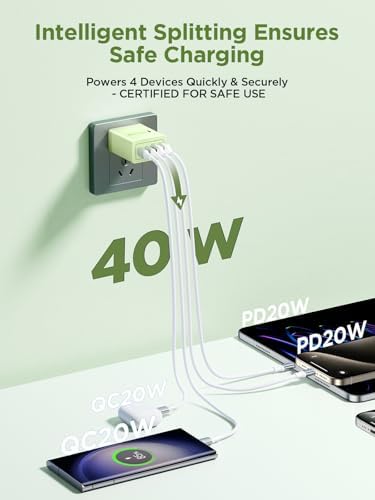 Aioneus 40 W USB C Fast Charging Block – 4-Port Dual PD & QC Wall Charger for i Phone 11-16, i Pad & Samsung Devices – Compact, High-Performance Power Adapter with Enhanced Safety Features for Home & Travel