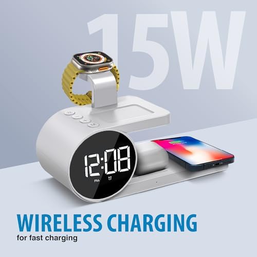 Brookstone 4-in-1 Wireless Charging Station: Elegant Multifunctional Hub for i Phone 15 to 12 Pro Max, All Apple Watch Series & Air Pods Compatibility | Fast Charging with Integrated Clock for Home or Office Use