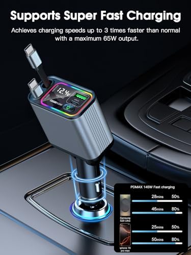 Ultimate 107 W Fast Charging Retractable Car Charger with Built-in Lightning & USB-C – Superior Compatibility for i Phone 16/15/14, Samsung S24/S23/S22, Pixel 9/8/7 – Sleek Black Design for Organized Travel and Efficient Power Solutions