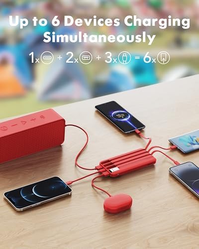 Ultra-Slim 10,000 m Ah Portable Power Bank with Built-In Charging Cables – 6 Outputs, 3 Inputs, Fast 3 A Charging for Universal Device Compatibility – Essential Travel Battery Pack for i Phone, Samsung, Google Pixel, LG, and More