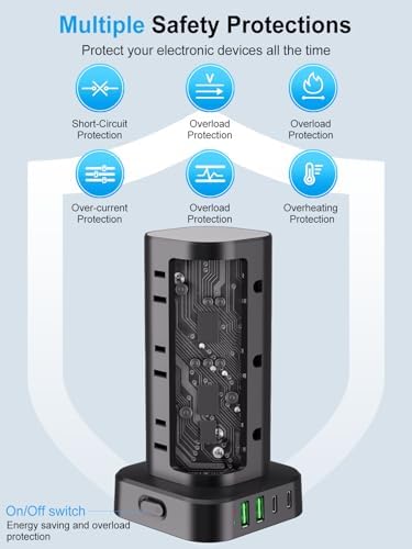 Ultimate Power Strip Tower with 15 W Wireless Charger and 10 FT Extension Cord – 12 AC Outlets & 4 USB Ports (2 USB-C) – Space-Saving Surge Protector for Home, Office, and Dorm Use – Advanced Compatibility for All Devices