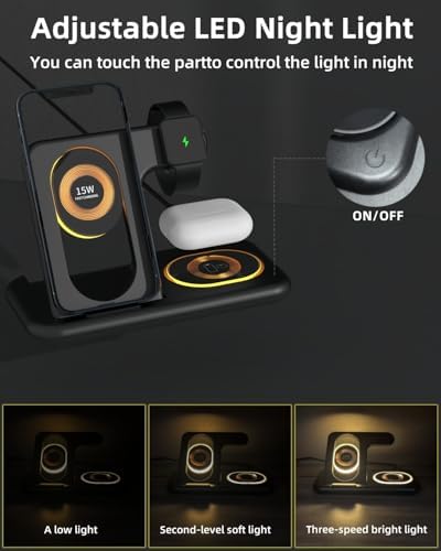 Innovative 3-in-1 Wireless Charging Station with Adjustable Night Light – Fast Charge Your i Phone 16-12, Samsung Galaxy S24-22, Apple Watch, and Air Pods Simultaneously – Sleek Foldable Design for Enhanced Space Efficiency and User-Friendly Operation – Durable ABS Construction with Tempered Glass Panel for Scratch Resistance and Efficient Heat Dissipation – Perfect for Nighttime Use with Soft LED Lighting – Ideal for Home or Office Setup – Compatible with Most Wireless Charging Devices – Elevate Your Charging Experience with One Convenient Solution