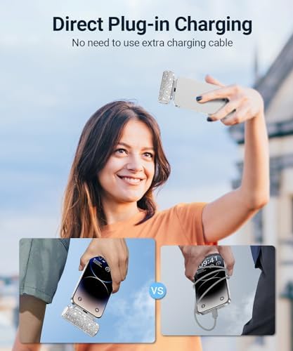 Sleek Shiny Pink Mini Power Bank with Built-in Lightning Connector – 4500 m Ah Compact Charger for i Phone 14/13/12/11/XR/8/SE Series – Stylish Glitter Battery Pack for Effortless On-the-Go Charging and Enhanced Compatibility