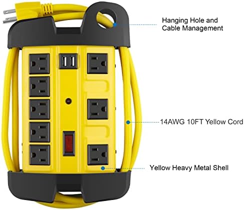 Industrial Heavy Duty Power Strip with 8 Outlets & USB Ports – 2700 Joules Surge Protector for Workshop & Garage – 15 Amp Metal Power Strip with 6 FT Extension Cord for Enhanced Device Compatibility & Fast Charging