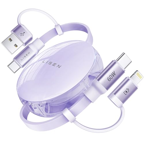 LISEN 5-in-1 Retractable Fast Charging Cable – 60 W Multi-Device Charger for i Phone, i Pad & Samsung with USB-C/A Ports – Compact and Portable Charging Solution for On-the-Go Power Needs