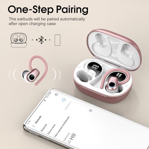Poounur Bluetooth 5.3 Wireless Sport Earbuds – 50 Hours Playtime, IP7 Waterproof, Noise-Cancelling Headphones with Earhooks and Dual LED Display for Ultimate Comfort and Sound Quality – Perfect for Active Lifestyles and Outdoor Adventures