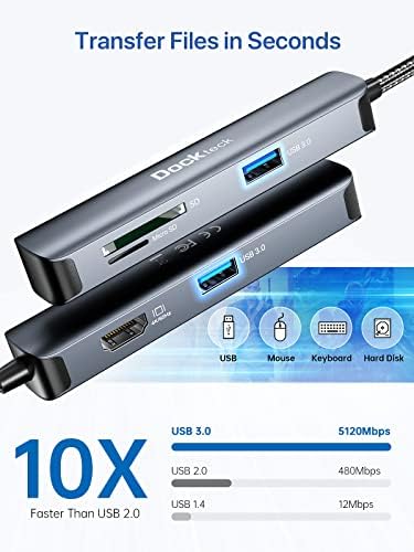 Revolutionize Your Workspace with the dockteck 5-in-1 USB-C Hub Multiport Adapter – 4 K HDMI, Dual SD/TF Card Slots, and 2 High-Speed USB 3.0 Ports for Mac Book Pro, Air, i Pad Pro, and XPS – Unmatched Versatility and Rapid File Transfers