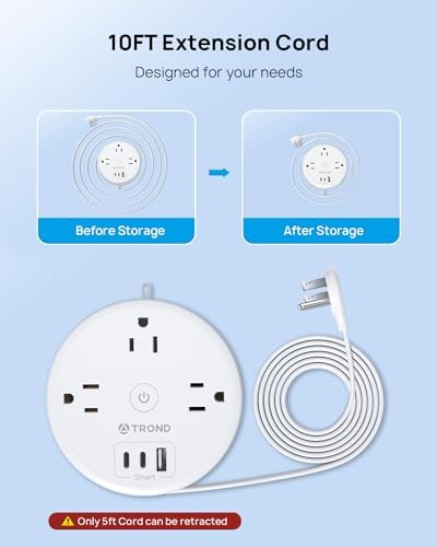 Compact TROND 20 W USB-C Travel Power Strip – Retractable 5 ft Extension Cord with 3 AC Outlets for Fast Charging, Perfect Cruise Ship Essential, Ultra-Thin Flat Plug for Home & Dorm Use – Stay Organized & Connected Anywhere