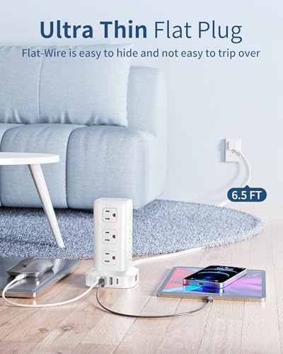Revolutionize Your Workspace with the Ultra-Thin Surge Protector Power Strip Tower – 10 FT Flat Plug Extension Cord and 1 USB-C Port for Fast Charging, 1020 Joules of Device Protection, Perfect Desk Charging Station for Office and Dorm Room Essentials