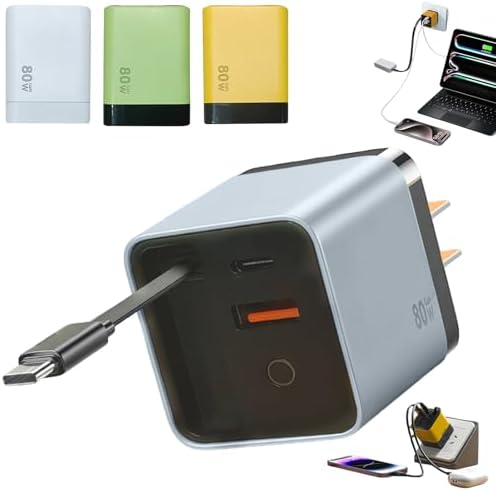 Ultra-Fast 80 W Ga N 3-in-1 Charger with Retractable Plug – Versatile Charging Hub with Type-C Cable & Dual USB Ports for Seamless Device Connectivity – Compact Travel Essential for Phones and Tablets