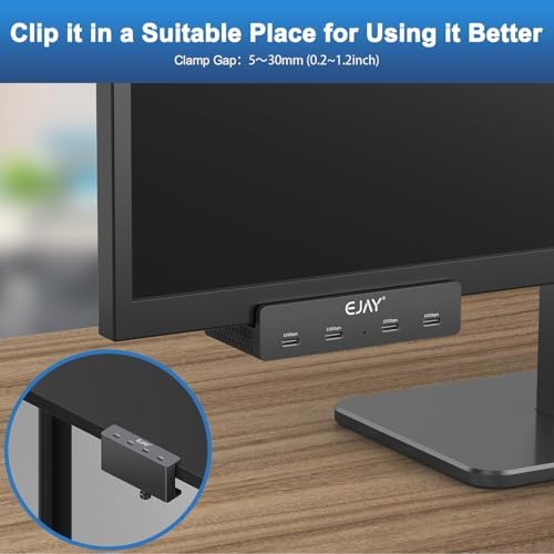 EJAY Ultra-Fast 10 Gbps Aluminum USB C Hub – 4-Port Docking Station with Secure Clamp Design, Extra Power Supply, 47″ Data & 39″ Power Cables – Sleek Silver Finish for Maximum Device Connectivity & Workspace Efficiency