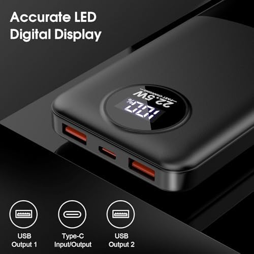 Advanced 10,000 m Ah Portable Charger with 22.5 W Fast Charging – USB-C Power Bank for i Phone 16/15/14/13/12 & Samsung S22/S21 – PD 3.0 & QC 4.0 Compatible with LED Battery Display – Lightweight Multi-Device Power Bank for Travel & Daily Use