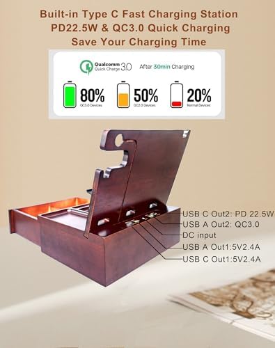 Multi-Device USB Charging Station with 4 Ports – Fast PD & QC3.0 Power Delivery, Stylish Wooden Organizer for Desk & Nightstand – Ideal Birthday Gift for Men, Dads, Husbands, and Moms – Elegant Solution for Cable Management and Rapid Charging