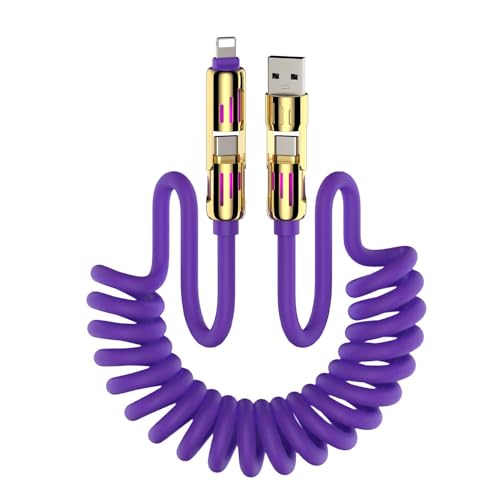 Universal 4-in-1 Coiled USB Charging Cable for Fast 240 W Power Delivery – Multi-Device Compatibility for i Phone 16/15/14/13, i Pad, Samsung, Mac Book, and More – Tangle-Free 6 Ft Design for Effortless Charging Anywhere – Elevate Your Charging Efficiency with Enhanced Durability