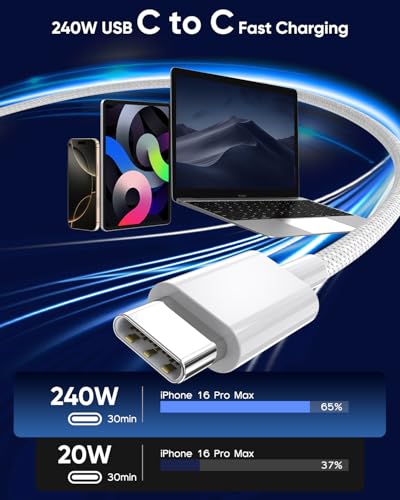 USB C to USB C,240W USB-C Woven Charge Cable,6.6ft 2Pack USB C Cable Fast Charging Cord for Apple MacBook Pro/MacBook Air,iPad Pro/Air,iPad mini,iPhone 16 15 Pro Max Plus Compatible 140W/100W/60W/45W – Enhanced Compatibility and Speed