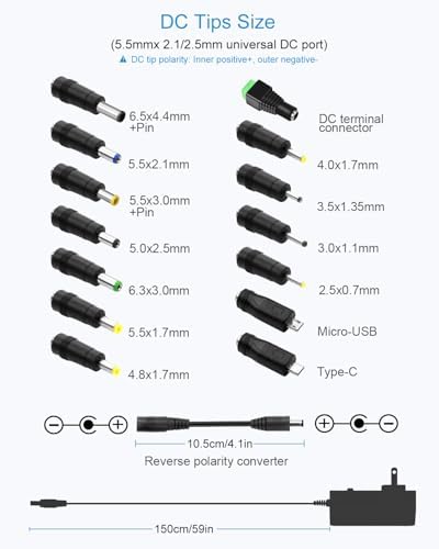 Ultimate 30 W Universal Power Adapter: Adjustable Voltage AC Adapter with 14 Interchangeable Tips and Built-in USB Port for Fast Charging – Perfect for LED Lights, CCTV Cameras, Guitar Pedals, GPS Devices, and More – 2.5 A Max Output with 4.9 FT Cord for Flexible Use and Convenience