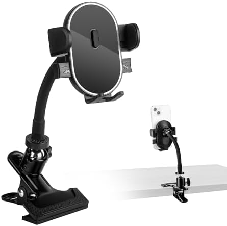 Versatile 360° Gooseneck Clip Phone Holder with Auto-Locking Clamp – Adjustable Arm Lengths for Desk, Treadmill, and Mic Stand – Securely Fits 4-7″ Smartphones for Ultimate Hands-Free Convenience and Enhanced Productivity