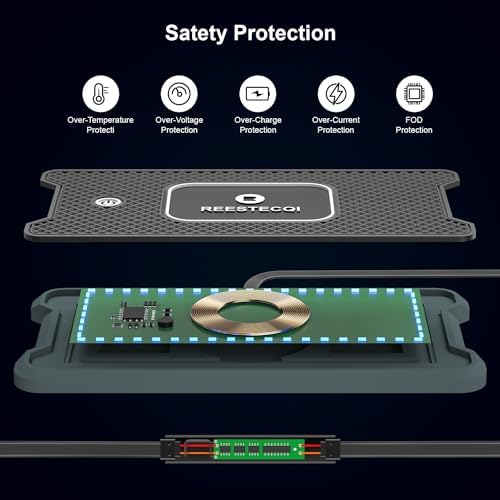 REESTECQI 15 W RGB Wireless Car Charger Pad – Fast Charging Non-Slip Mat for i Phone 12-16, Air Pods, Samsung & Google Devices with 30 CM Type C Cable – Stylish & Efficient On-the-Go Power Solution