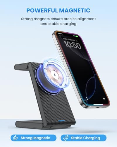 Magnetic Wireless Charging Station for i Phone 15/14/13/12 Pro Max & Apple Devices – Joy Geek 3-in-1 Fast Charger Pad for i Phone, Apple Watch Ultra 9-2, and Air Pods – Compact Design with Enhanced Compatibility and Secure Magnetic Alignment