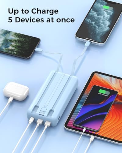 Ultra-High Capacity 50000 m Ah Portable Power Bank with Integrated Charging Cables – PD 20 W Fast Charge for Multiple Devices – 5 Outputs/2 Inputs with Precise LED Power Indicator – Perfect for Outdoor Adventures, Travel, and Versatile Compatibility with Smartphones, Tablets, Smartwatches, and More (Blue)