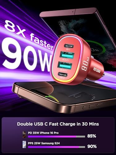 90 W 4-Port USB C Car Charger for i Phone 16/15/14/13/12 Pro Max – Fast Family Travel Charging Solution – Sleek Pink Cigarette Lighter Adapter for Multiple Devices – Ultimate On-the-Go Power for Road Trips and Adventures