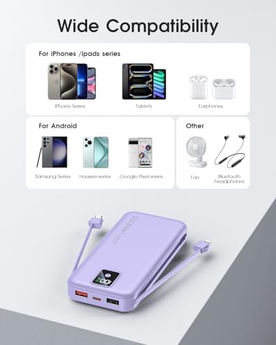 High-Efficiency 12000 m Ah Portable Power Bank with Built-In Cables and AC Plug – USB-C 22.5 W Fast Charger for i Phones, i Pads, Samsung Devices – Lightweight, Compact External Battery for Ultimate Mobility and Enhanced Device Compatibility