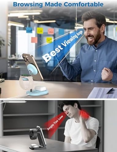 All-in-One Wireless Charging Station for Apple Devices – 15 W Fast Qi-Certified Mag-Safe Charger for i Phone 16, 15, 14, 13, 12, Apple Watch & Air Pods – Adjustable Viewing Angle, Ideal Gift for Women – Enhance Your Charging Efficiency and Style