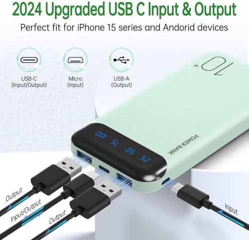 10000 m Ah Slim Portable Power Bank – Fast Charging External Battery Pack with Dual USB 2.4 A Outputs & USB-C Compatibility for i Phone 12-16, Huawei, Samsung Galaxy S20, & Android Tablets – Ideal for Travel and Daily Use
