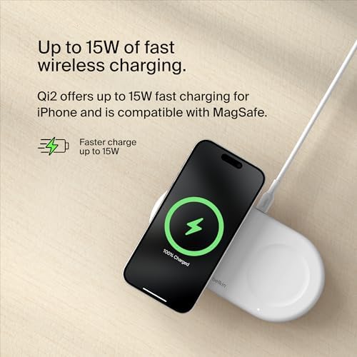 Belkin 15 W Mag Safe-Compatible 2-in-1 Wireless Charging Station – Fast Dual Device Charger for i Phone 16, 15, 14, 13 Series & Air Pods – Sleek Sand Design for Effortless Portability and Seamless Power Solutions