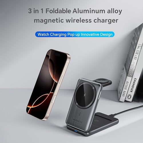Sleek 3-in-1 Foldable Wireless Charger for i Phone with Mag Safe Compatibility – Ultra-Fast Charging Station for i Phone, Apple Watch & Air Pods – Perfect Travel Companion for Tidy Power Solutions