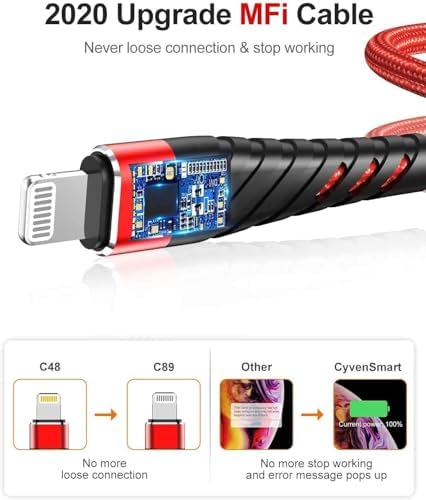 Cyven Smart 3-Pack 6 Ft MFi Certified Lightning Cables – Fast Charging USB A to Lightning Cords for i Phone 14/13/12/11/XS/XR/X/8/7/6/5/SE Plus Pro Max Mini – Durable Red Design for Ultimate Flexibility and Speed
