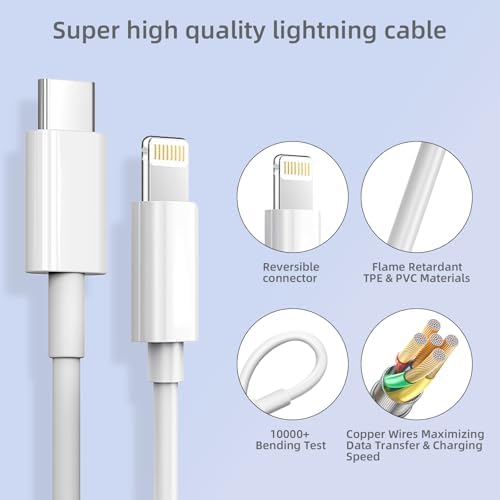 Ultra-Fast 20 W PD i Phone Charger Pack – MFi Certified USB-C Wall Charger Set with Four 6 FT Lightning Cables for i Phone 14, 13, 12, 11 Pro Max, XR, XS, X, i Pad & Air Pods Pro – Compact, Durable, and Versatile Charging Solution for Home and Travel