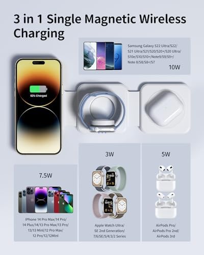 Joy Geek 3-in-1 Foldable Mag Safe Wireless Charging Station for i Phone 15/14/13/12 Pro Max Plus, Air Pods Pro/2/3 & Apple Watch 9-2/SE – Fast, Portable & Sleek Design for Ultimate Device Compatibility and Efficiency