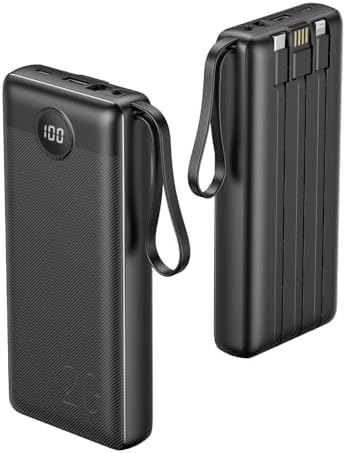 Ultimate 20000 m Ah VRURC Portable Charger with Built-in Cables – Fast Charging Power Bank for Travel, PD & QC 3.0 Compatible, 4 Output Ports & Dual Input, Ideal for i Phone, Samsung, Android Devices – Compact & Durable Battery Pack for On-the-Go Power