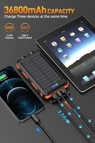 Ultimate 36,800 m Ah Solar Power Bank with Dual USB Ports, Quick Charge 3.0, and IPX7 Waterproofing – Reliable Outdoor Charging Companion with Built-In Flashlight for Adventures and Emergencies