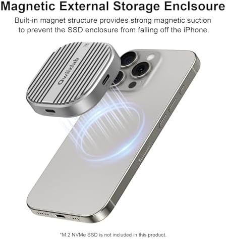Qwiizlab Magnetic NVMe SSD Enclosure for i Phone 16/15 Pro Max – 10 Gbps USB Type-C Adapter with Kickstand, Supports PCIe M.2 M-Key up to 2 TB, Durable Aluminum Case with 100 W PD Charging Capability – Ultimate Storage Solution for Creatives and Professionals