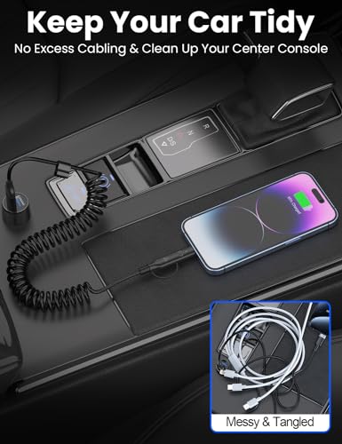 Dual-Function Coiled USB-C & Lightning Charging Cable 3 FT – 60 W Fast Charge for i Phone 15/16 & Samsung Galaxy – Perfect for Apple Car Play & Android Auto Integration (Sleek Black) – Enhanced Durability & Space-Saving Design