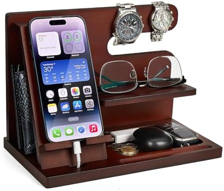 Wood Phone Docking Station Key Holder Stand Watch Organizer Men Gift Husband Wife Anniversary Dad Birthday Nightstand Purse Father Graduation Male Travel Idea Gadgets – Enhanced Compatibility and Speed