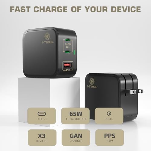 65 W Ga N Fast Charging Block with 3 Ports – Compact USB-C & USB-A Wall Charger for Mac Book, i Pad, i Phone 14, Dell XPS – Foldable Design for Travel Convenience, High-Speed Power Delivery, and Enhanced Device Compatibility
