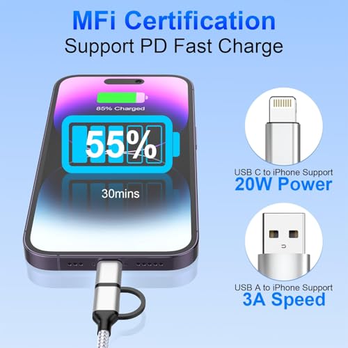 Ultimate 20 FT 4-in-1 i Phone Charger Cable – MFi Certified Lightning Fast Charging for i Phone 16/15/14/13/12 & Android Devices, 60 W USB C Power Delivery, Durable Tangle-Free Design for Enhanced Compatibility & Convenience