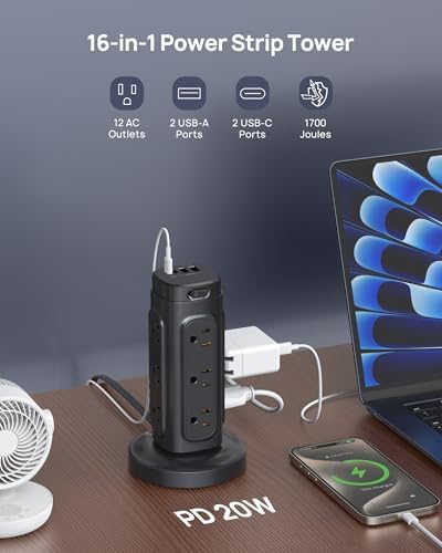 TROND Power Strip Tower with Retractable Design – 5 ft Flat Plug Extension Cord Featuring 5 AC Outlets and 20 W USB-C Fast Charging Ports, 1700 Joules Surge Protection for Home Office and Dorm Room Efficiency – Ultimate Connectivity Solution