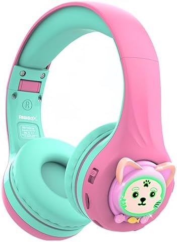 Riwbox CB-7 S Wireless Kids Headphones – Safe & Stylish Audio for Young Listeners with Adjustable Volume Control (74/85/95 d B), LED Glow Lights, 50 Hours of Playtime, Bluetooth 5.3 Connectivity, Built-in Microphone & TF Card Slot for School, Travel, and Home Use (Pink & Green) – Ideal for Active Lifestyles